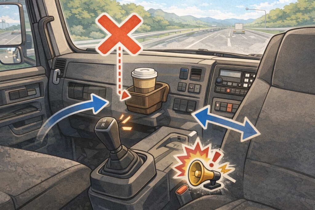 トラック車内でドリンクホルダーがシフト操作の邪魔になっている様子のイラスト