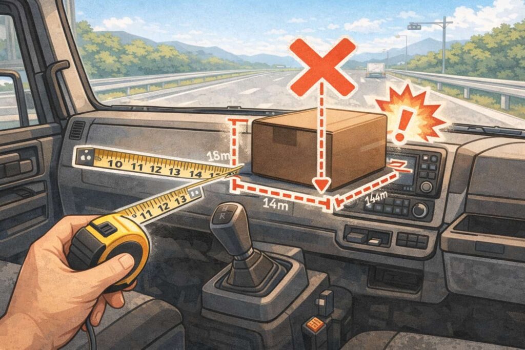 トラック車内でメジャーを使い、サイズが合わない収納ボックスを確認しているイラスト