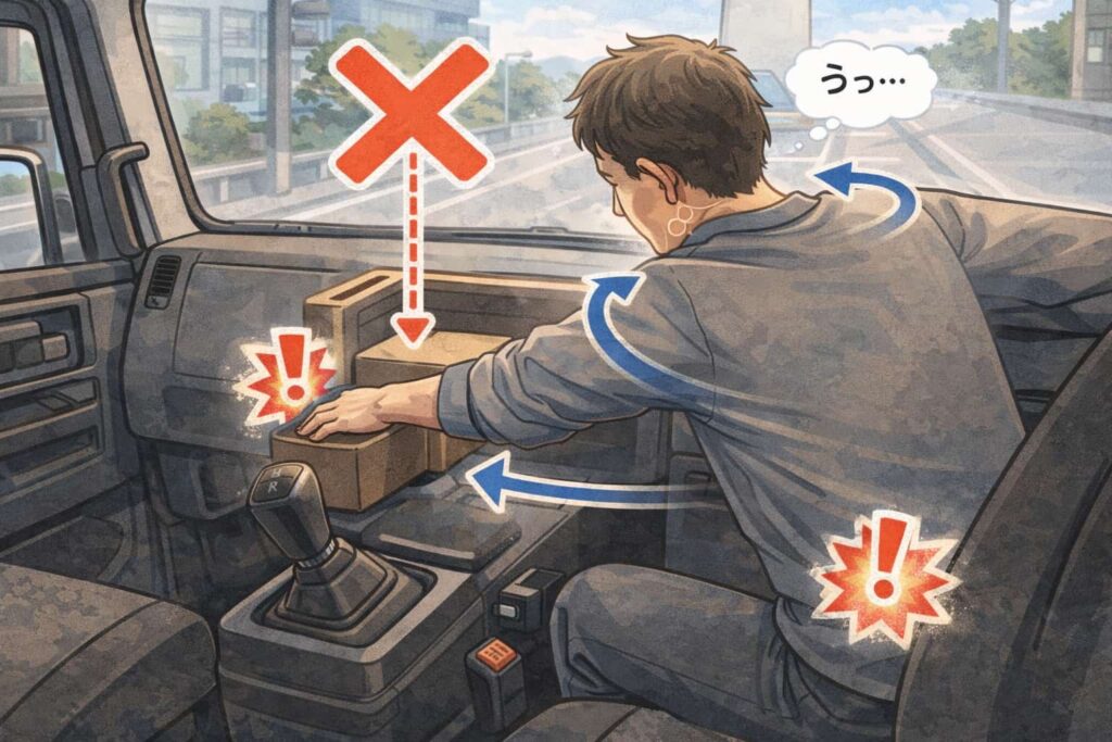 トラック運転中に体をひねって物を取ろうとし、使いにくさを感じているイラスト