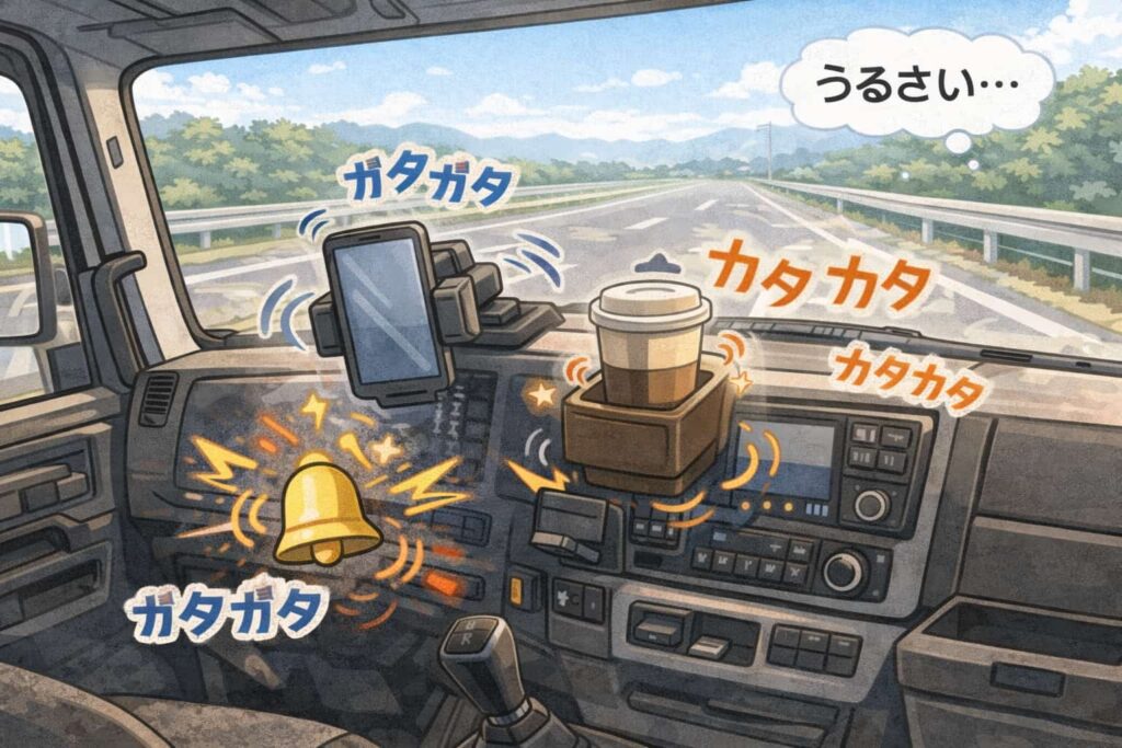 トラック走行中に車内アイテムが振動してカタカタ音が出ているイラスト