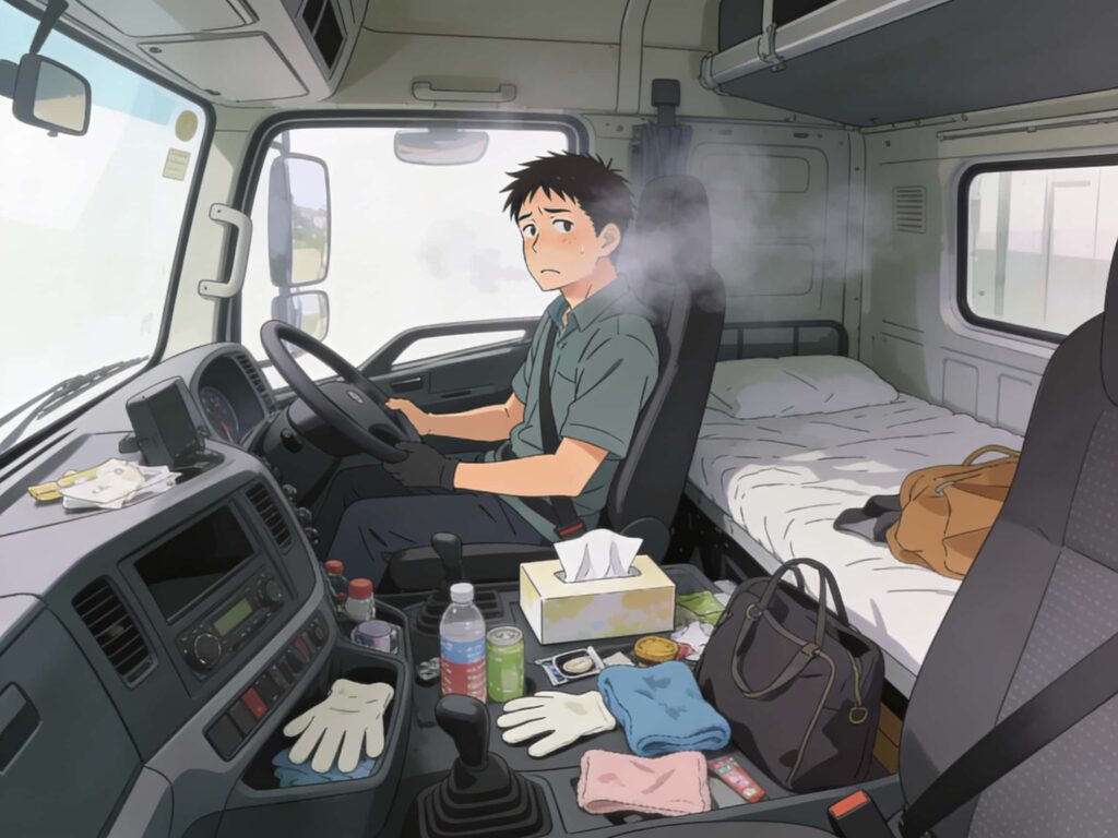 物が増えて散らかってきた大型トラックの車内を見つめる男性ドライバーの悩ましげなイラスト