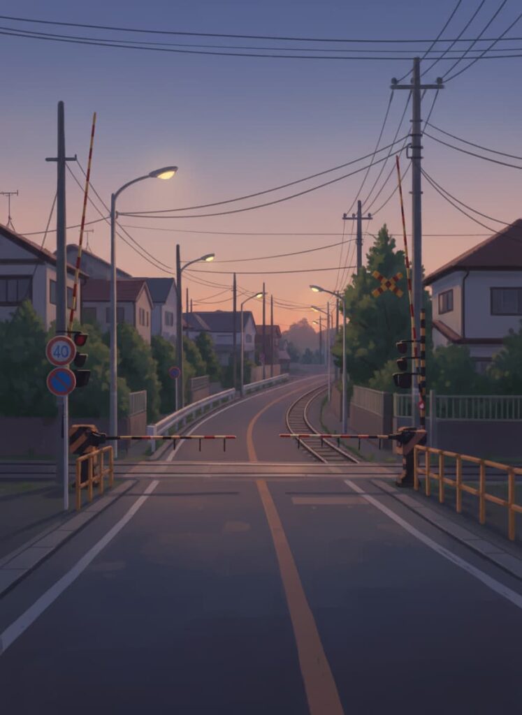 薄暗い住宅街、片側1車線道路の踏切のイラスト