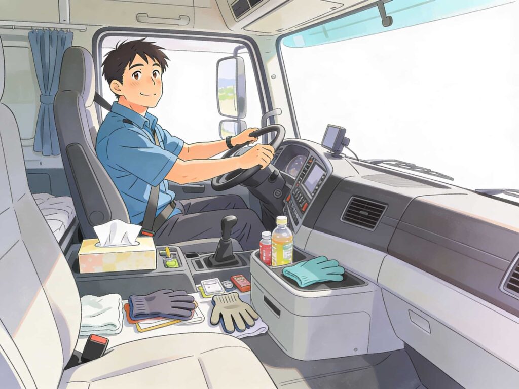 余白ができて明るくなった大型トラックの車内を見て、気持ちがラクになっているドライバーのイラスト