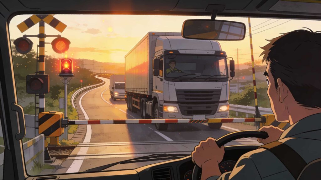 夕方の狭い道の踏切、大型車同士ではすれ違えなそうな雰囲気のイラスト