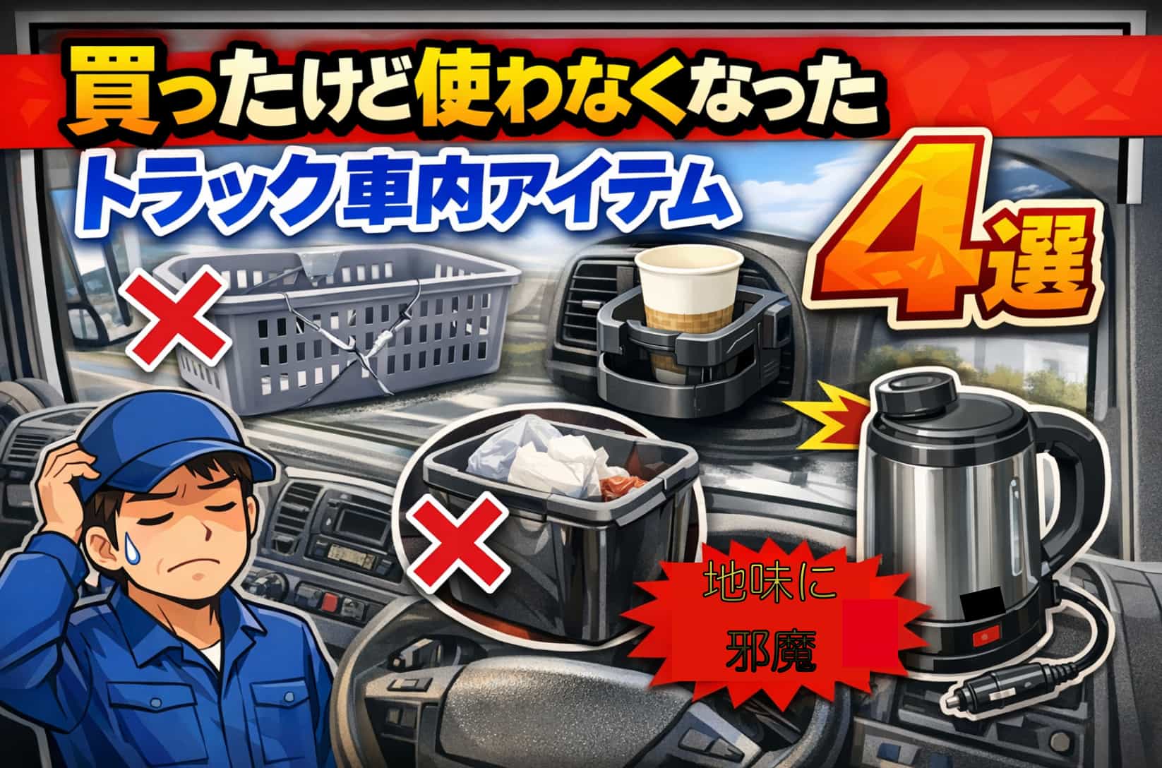 買ったけど使わなくなったトラック車内アイテムをイラストで紹介するアイキャッチ画像