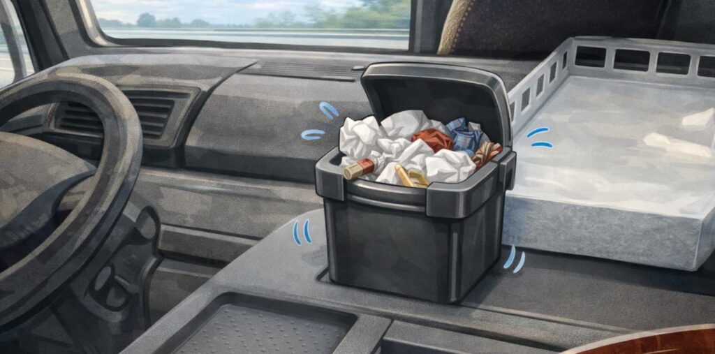 トラック運転席横のコンソールに置いた小さなゴミ箱が邪魔になっている車内のイラスト