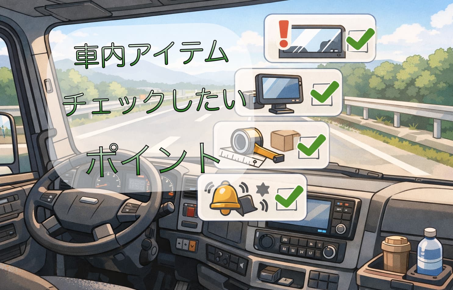 トラックの車内アイテムを選ぶポイントを表したアイキャッチのイラスト