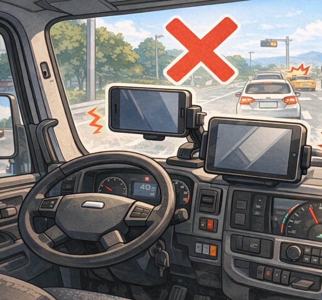 トラック運転席でスマホやモニターが視界を塞ぎ、危険な配置を示したイラスト