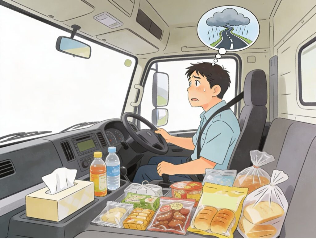 非常食や飲み物を多めに備えたトラック車内で、通行止めや災害を心配している男性ドライバーのイラスト