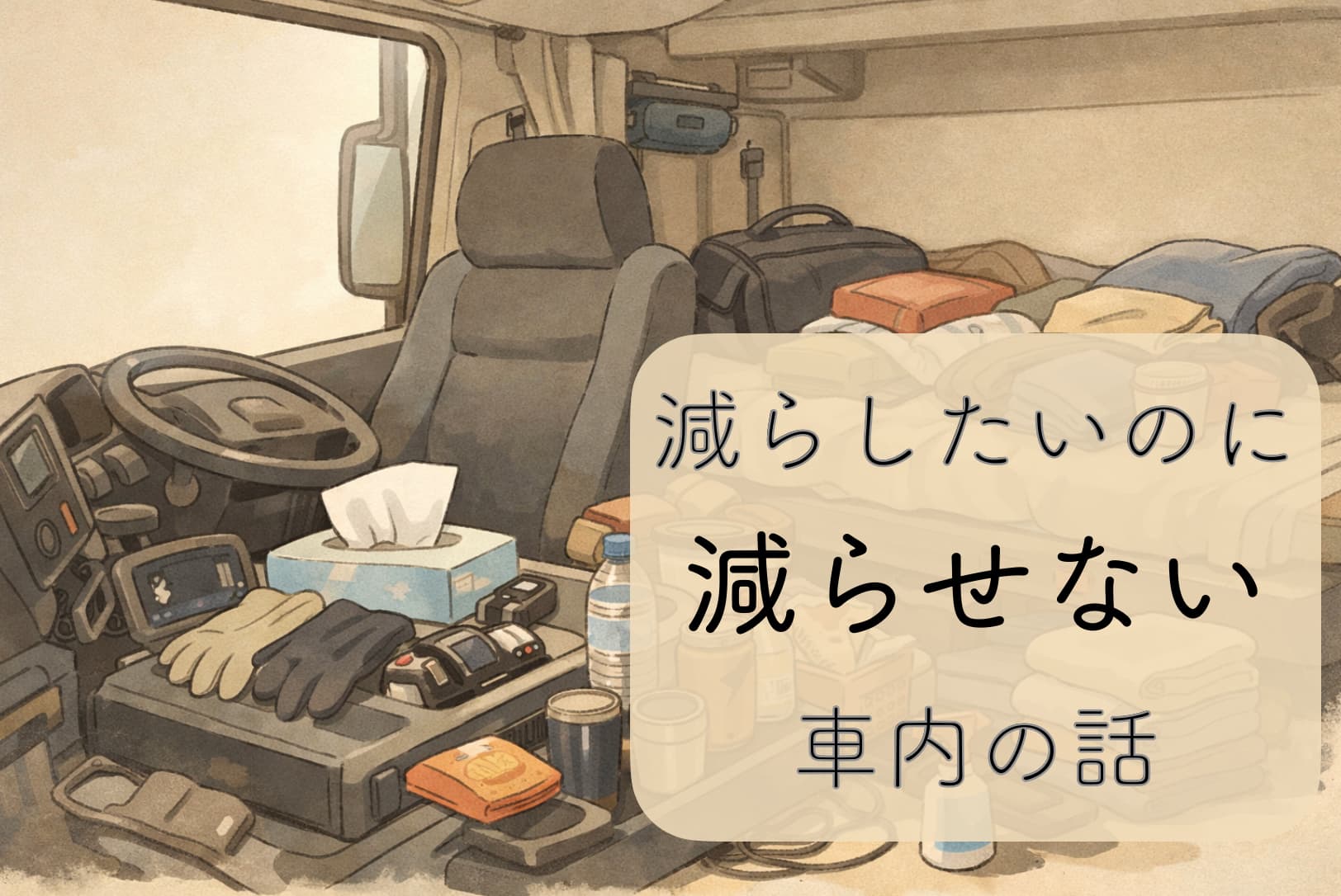 物が多く少し散らかった大型トラックの車内とベッドスペースの様子を描いたやさしいタッチのイラスト