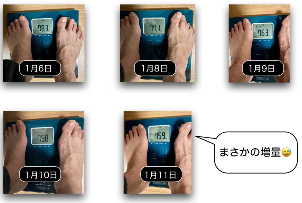 体重の推移の写真。5日分写っている。