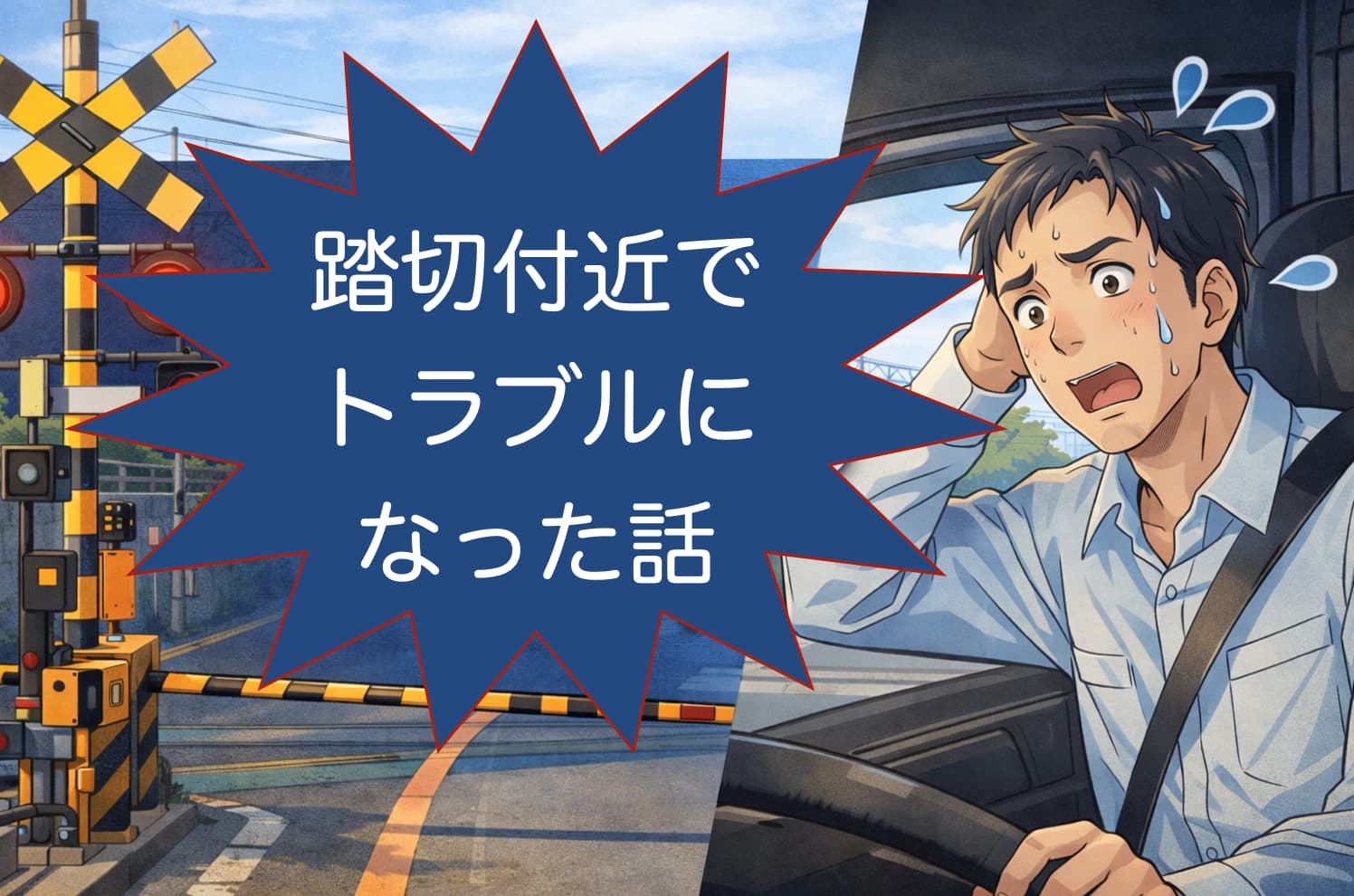 踏切付近でトラブルになり焦っているトラックドライバーのアイキャッチ画像