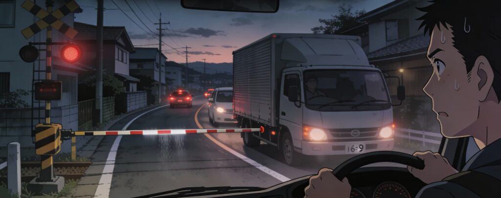 踏切の手前で汗を流し緊張しているトラックドライバーのイラスト