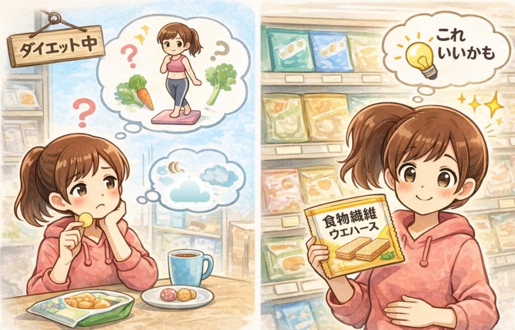 ダイエット中の間食に悩みながら、食物繊維ウエハースを選んでいる様子のイラスト