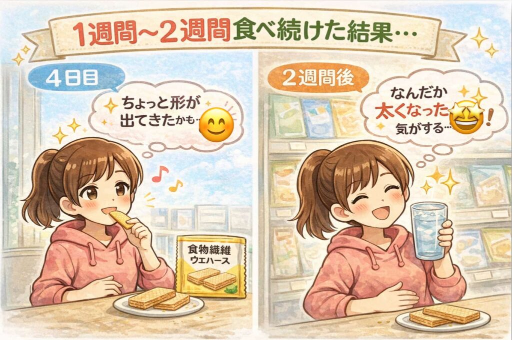 食物繊維ウエハースを食べ続けて、お腹の調子の変化を感じている様子のイラスト