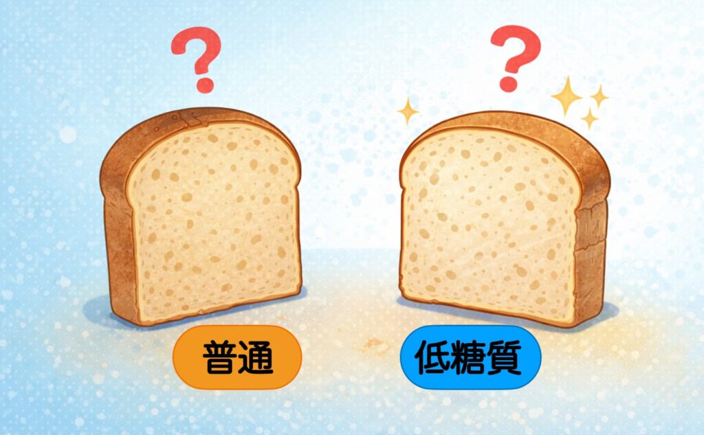 普通のパンと低糖質パンを比べて、どちらが本当にダイエット向きか迷っているイメージのイラスト