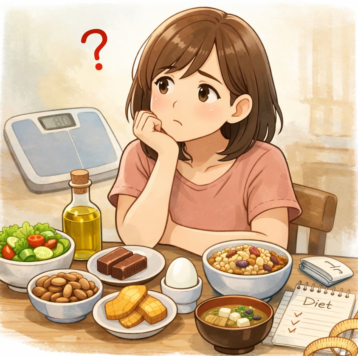 体にいい食べ物を前に、なぜか痩せない理由を考えているイラスト