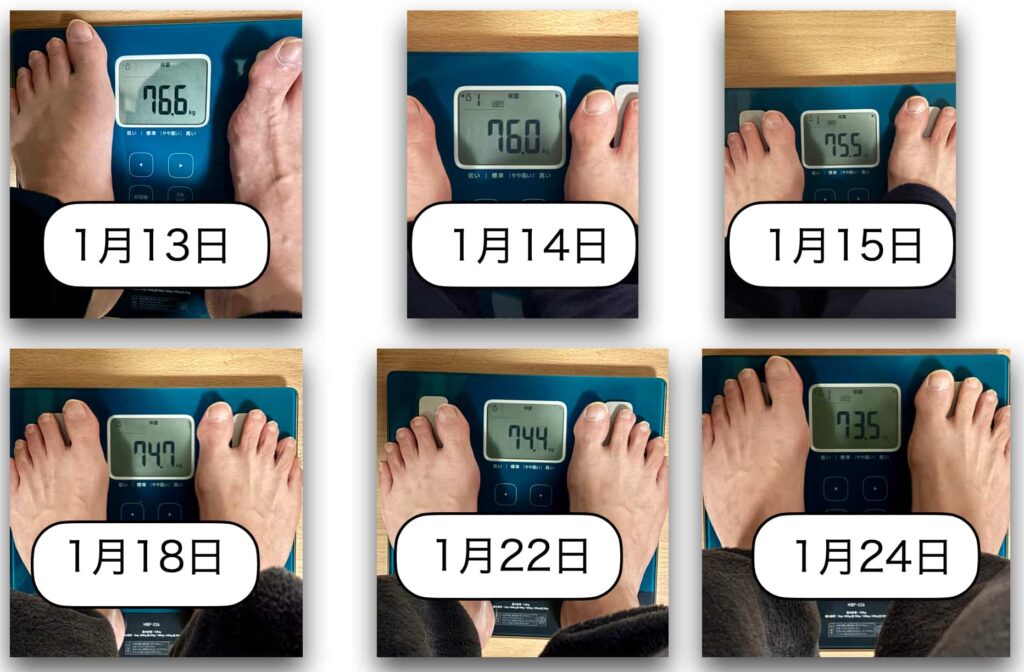 日々の体重計の写真。徐々に下がってきている。