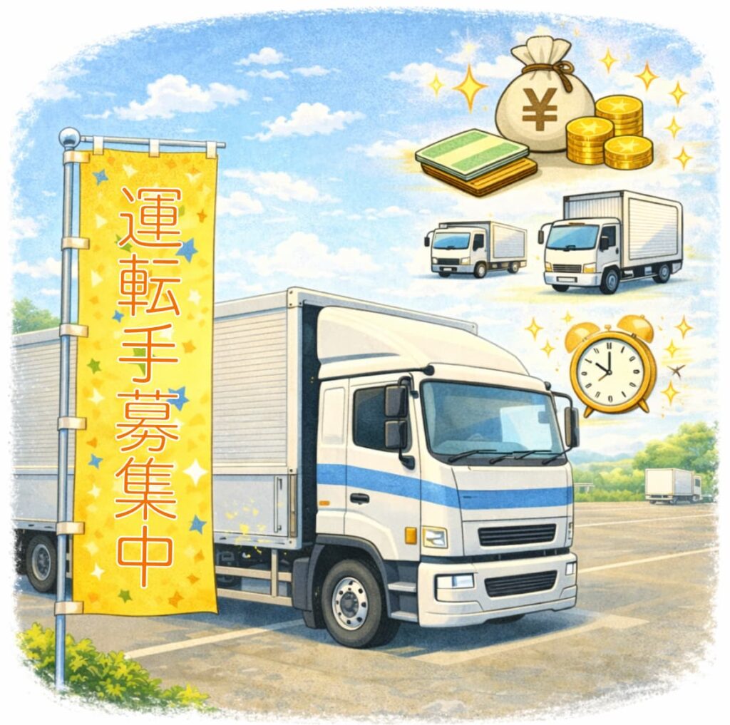 トラックと求人をイメージしたイラスト