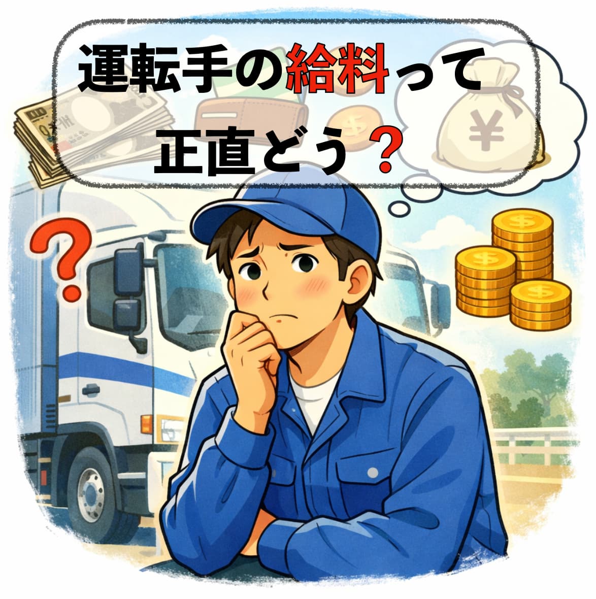 運転手が給料について考えているイラスト