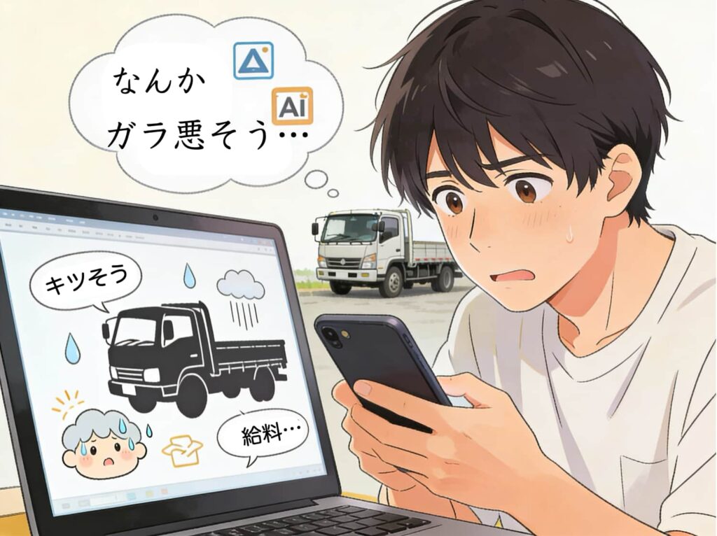 トラックドライバーの求人を見ているが、キツそう、ガラ悪そう、と躊躇しているイラスト