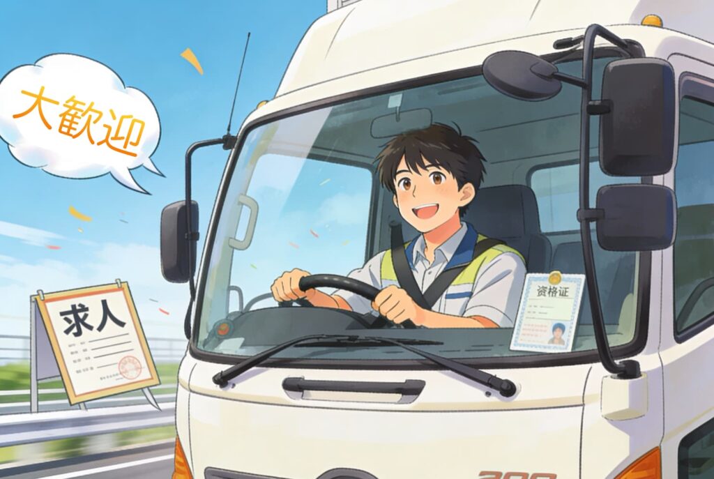 若いドライバーが笑顔でトラックを運転しているイラスト