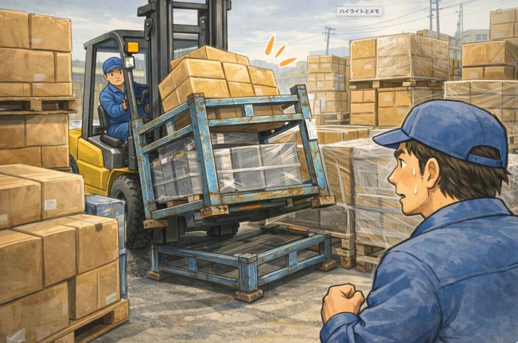 荷物が密集した現場で、フォークリフトが隣のパレットを引っ掛けて持ち上げてしまっている様子