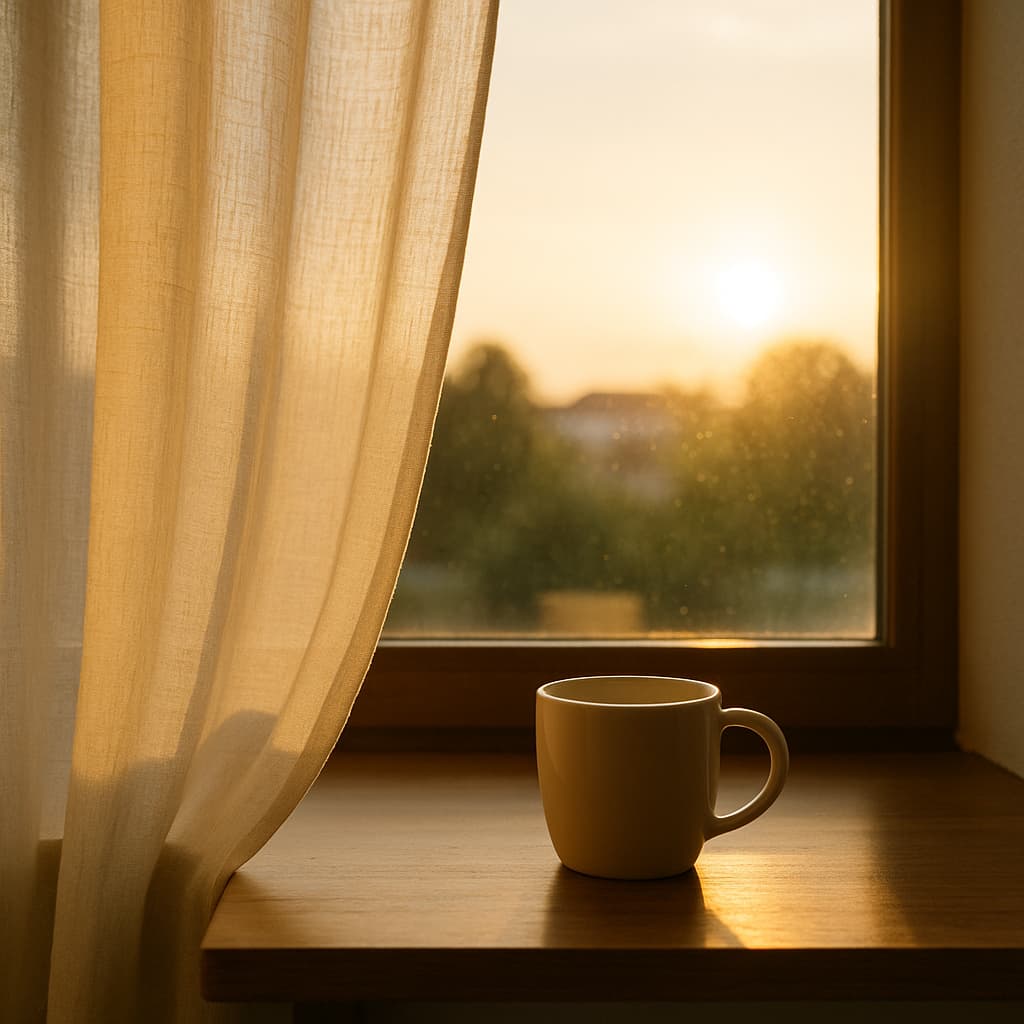 夕日の窓際にコーヒーカップの写真