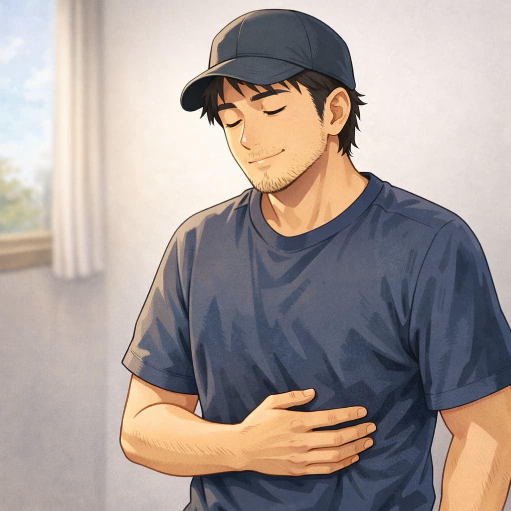 お腹に手を当てて落ち着いた表情をしている男性のイラスト