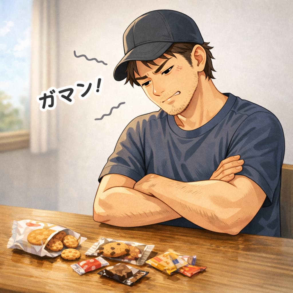 机の上のお菓子を前に我慢している男性のイラスト
