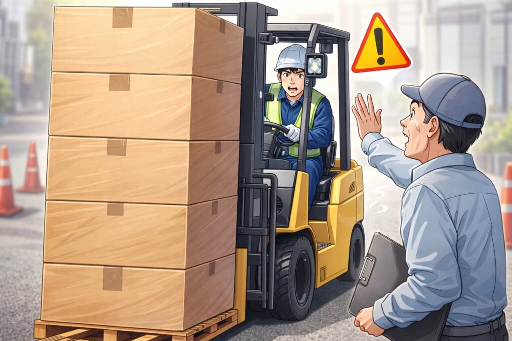 背の高い荷物を前進走行していて、注意を受けるフォークリフト作業員のイラスト