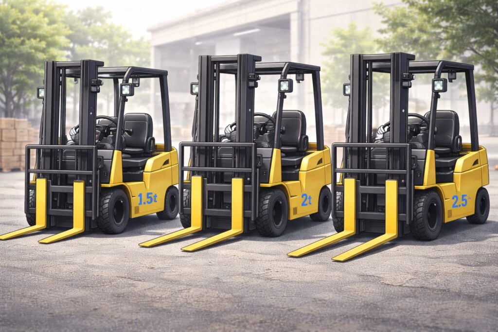 フォークリフトが3台並んだイラスト。それぞれ1.5t・2t・2.5tと数字か書いてある。