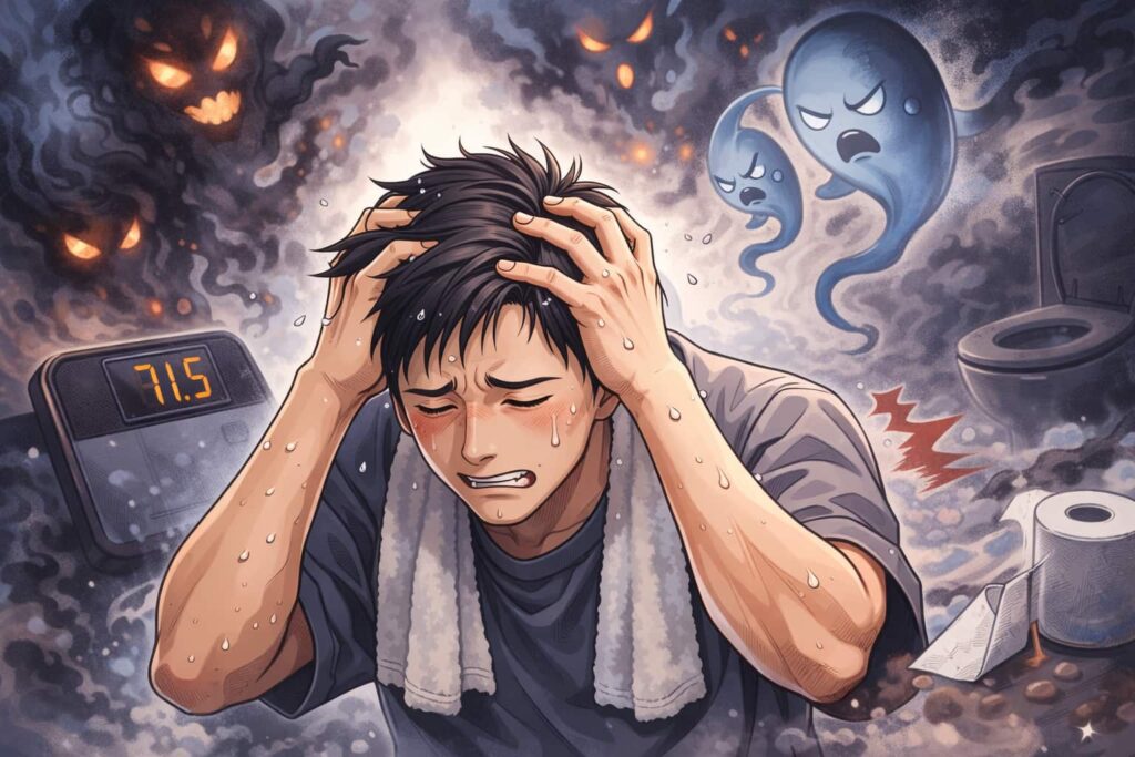 罪悪感と体調不良に苦しむ男性のイラスト