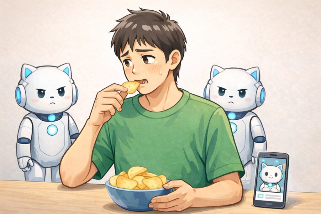チャッピーに見られているように感じながら間食する男性のイラスト