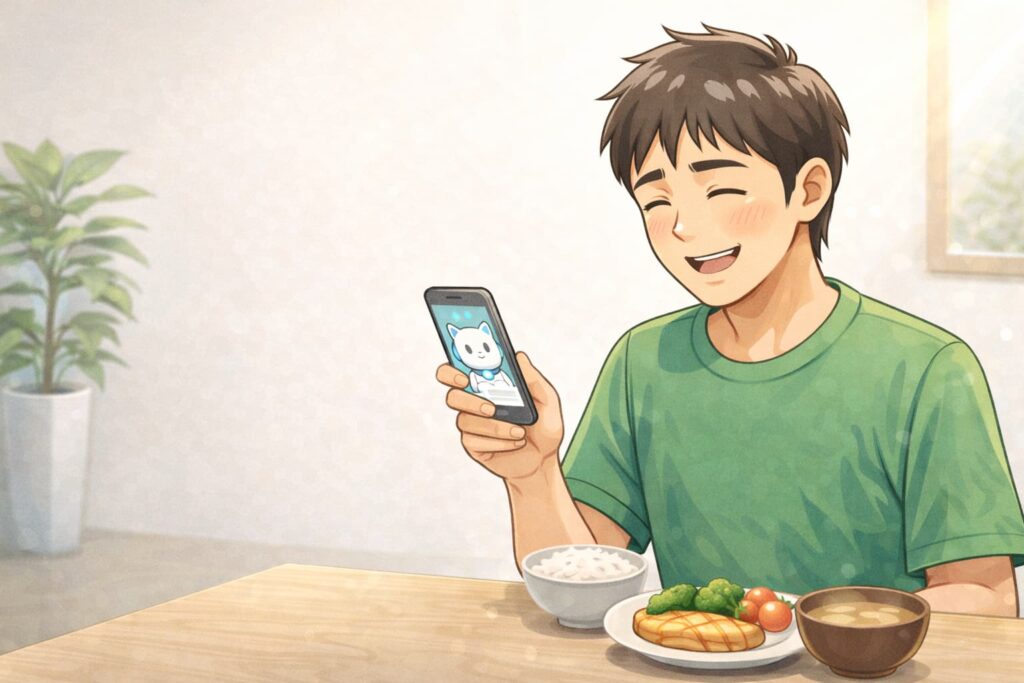 バランスの良い食事を前に笑顔でチャッピーとやり取りする男性のイラスト