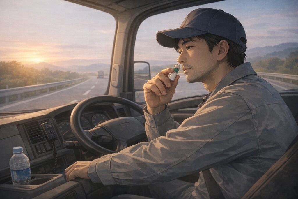 無音で運転しながらヤードムを使ってリフレッシュするトラック運転手の様子