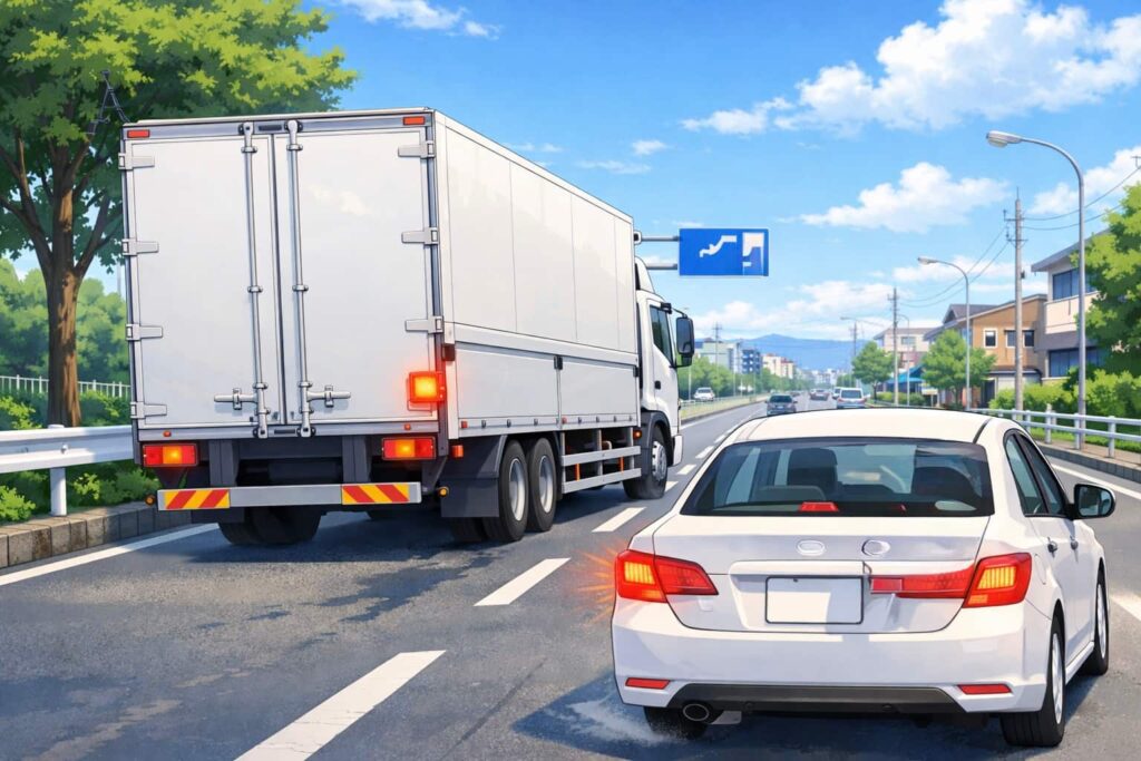 前のスペースが空いていないのにトラックが車線変更して入ってこようとしてくるイラスト。乗用車は危ないのでブレーキを踏んでいる。