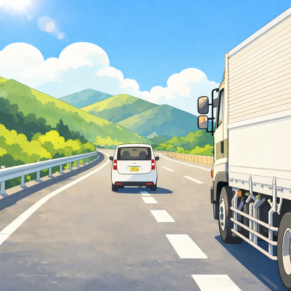 高速道路の合流のシーン、トラックの前に乗用車が入ろうとしているイラスト