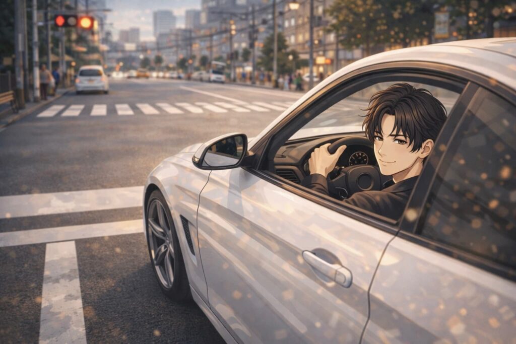 停止線の手前で余裕をもって停車するイケてるドライバーのイラスト