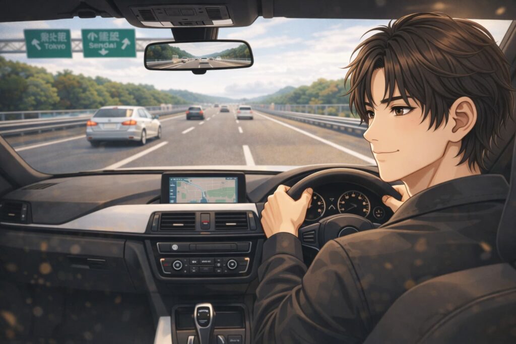 適正な車間距離を保ち一定の速度で走るイケてるドライバーのイラスト