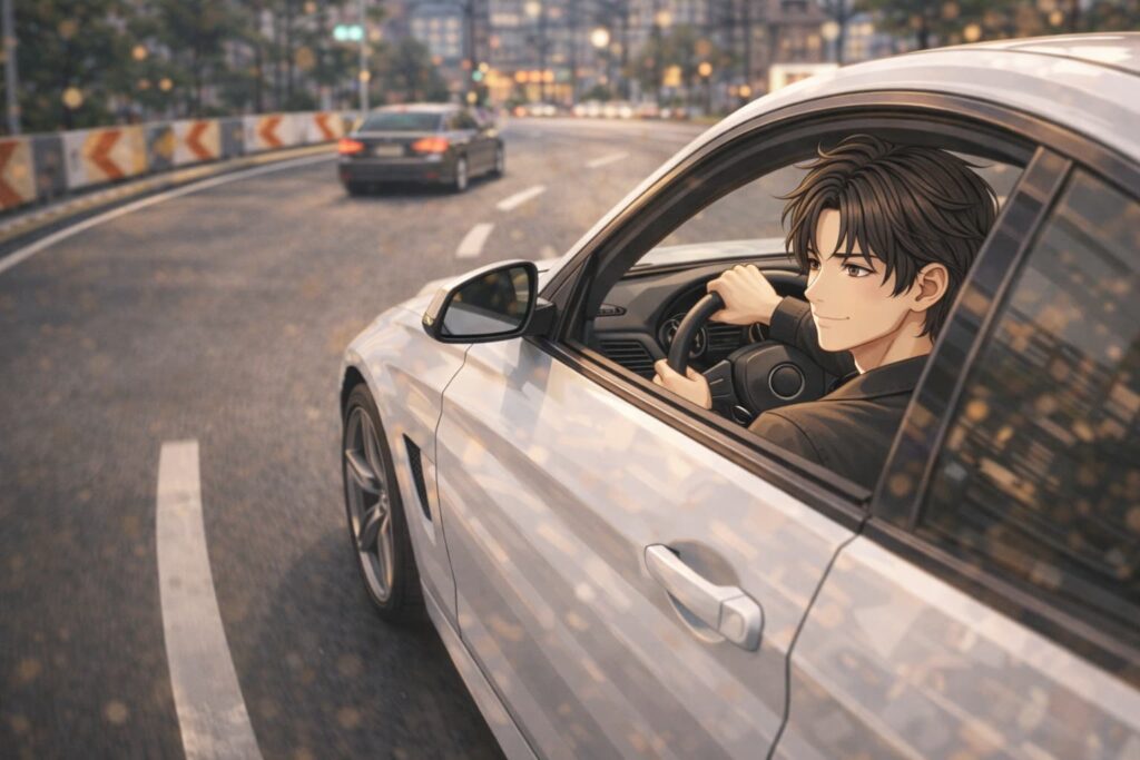 無駄に膨らまずスムーズに右左折するイケてるドライバーのイラスト