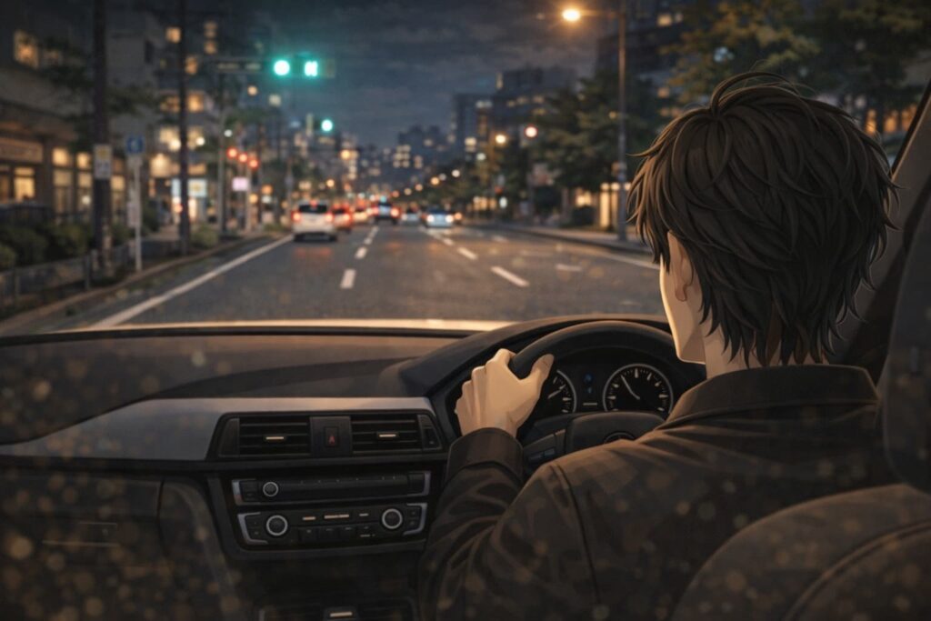 夜の一般道を静かに走るイケてるドライバーの後ろ姿のイラスト