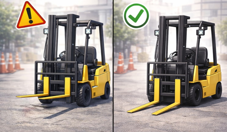 爪が高いまま停車しているフォークリフトと、ちゃんと停車しているフォークリフトの比較イラスト