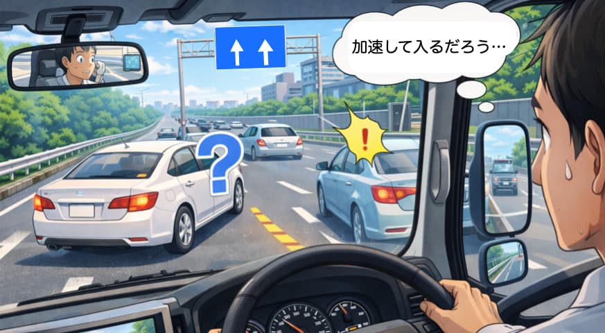 合流のシーンで「加速して入るだろう」と「だろう運転」をしてしまっているイラスト。