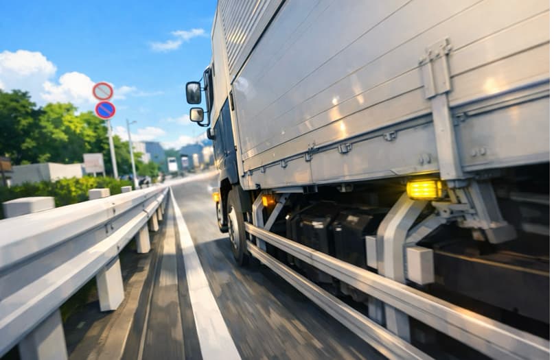 大型トラックがガードレールスレスレを走っているイラスト。