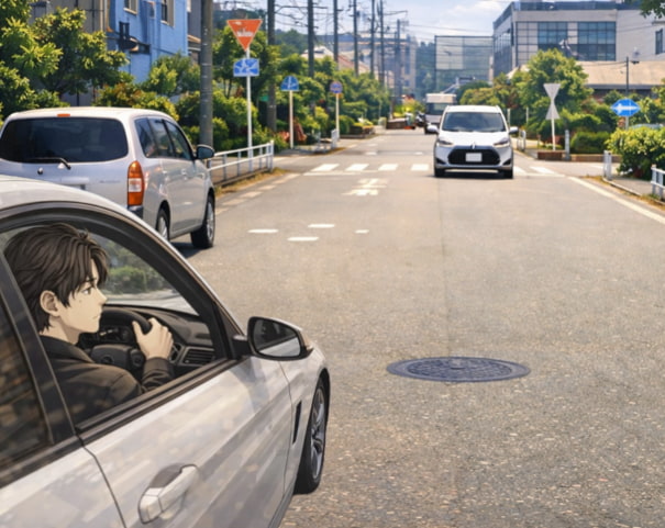 路上駐車がある道路でスムーズな流れを意識した通行状況のイラスト