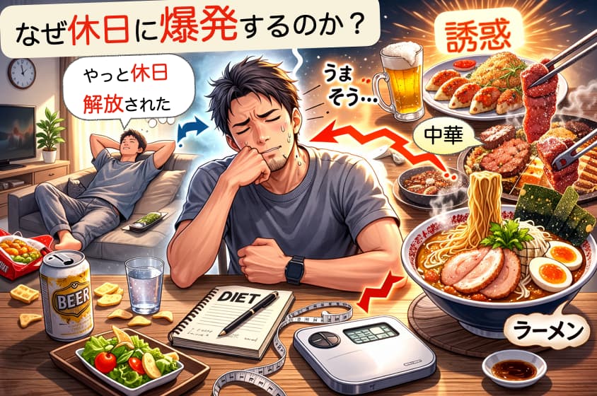 食欲に包まれ悩む男性のイラスト
