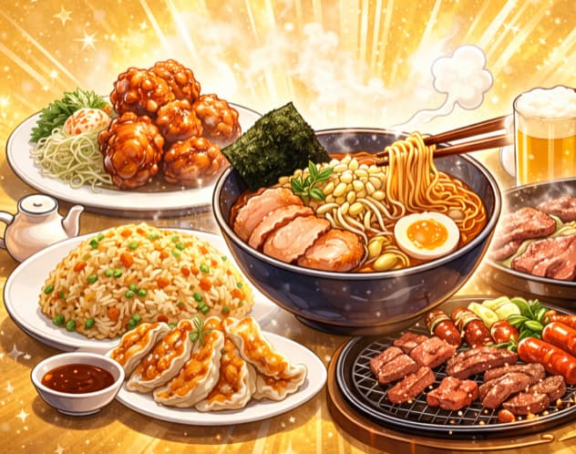 中華・ラーメン・焼肉が並ぶ料理イラスト