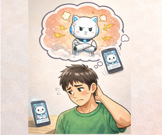 怒っているように見えるチャッピーを想像して焦る男性のイラスト