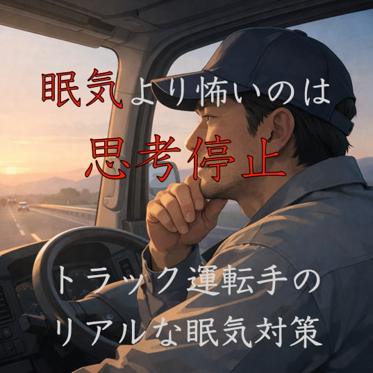 早朝の高速道路を走るトラック運転手が静かな車内で前方を見つめながら思考している様子